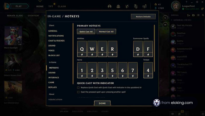 Screencap of a game interface showing primary hotkeys settings