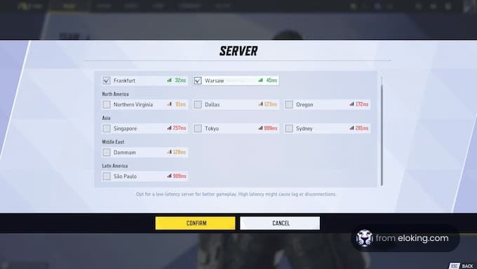 Server selection screen showing latency options for different regions