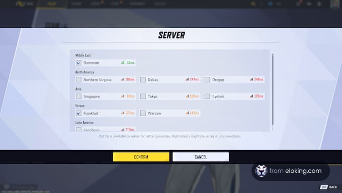 Server selection screen showing various locations and their ping times.