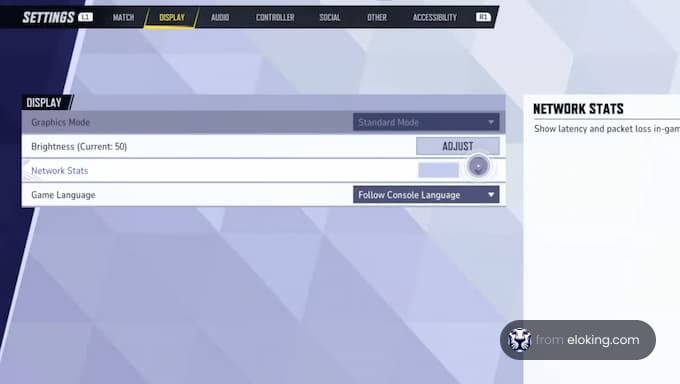 Game settings display with network stats overview