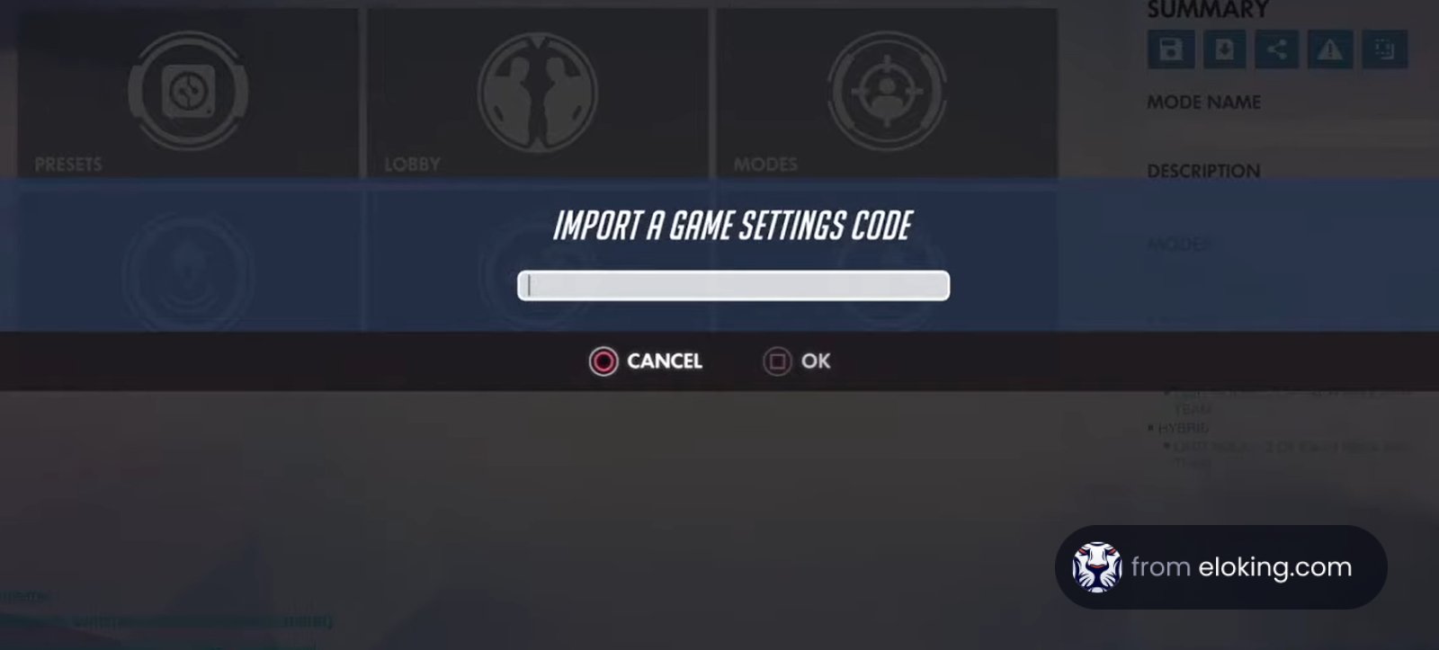 Screenshot of a game interface for importing settings code