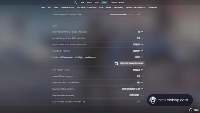 Game settings interface showing various configurations.