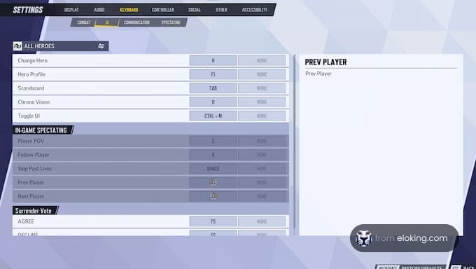 Game settings menu showing keybindings for hero profile and in-game spectating options.