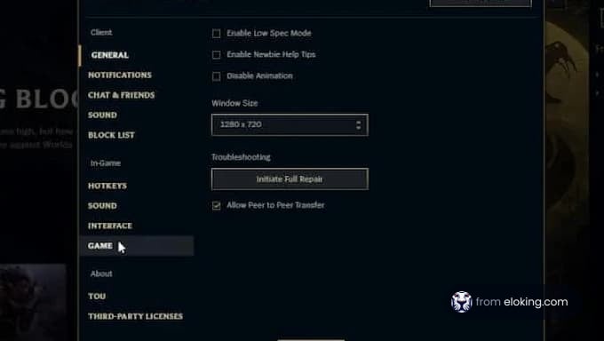 Game settings menu interface with options for sound, notifications, and troubleshooting