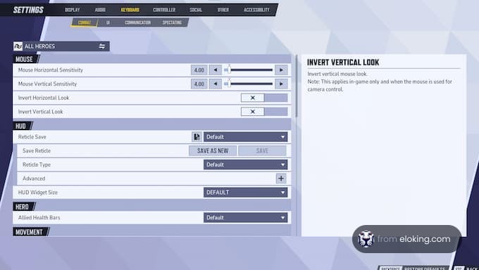 Game settings showing mouse horizontal and vertical sensitivity options