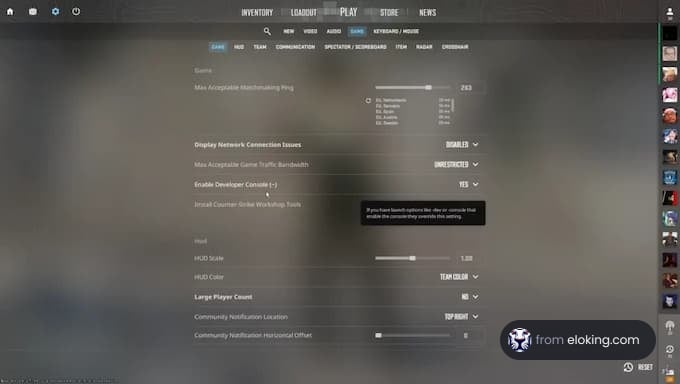 Game settings for network and display options.