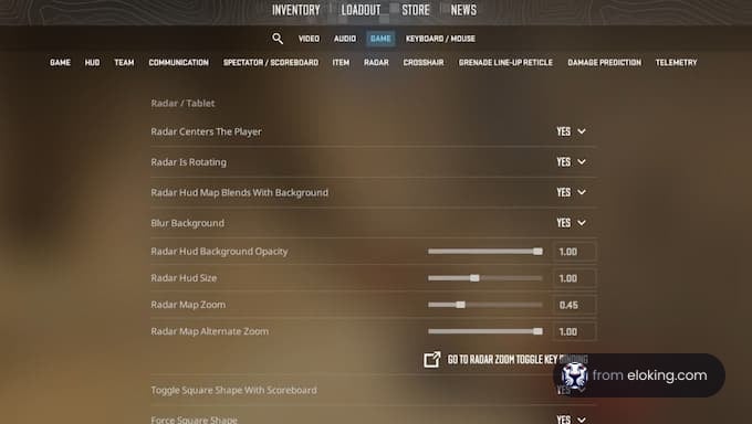 Game settings for radar options displaying various configurations.