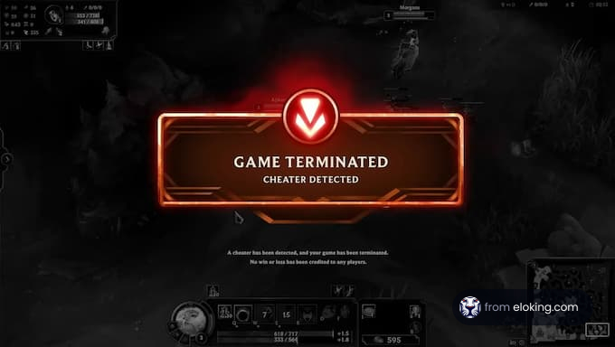 Red warning screen in a video game announcing 'Game Terminated: Cheater Detected'