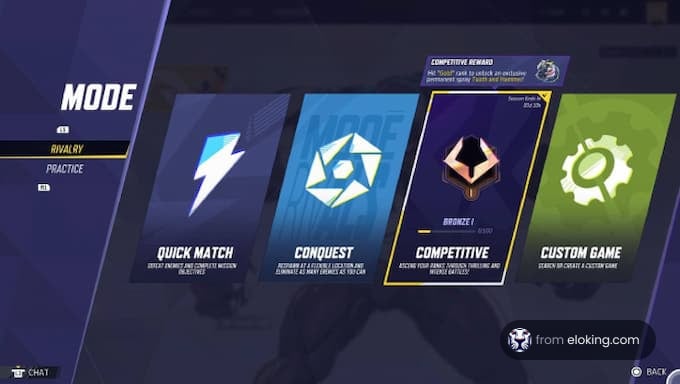 Game mode selection screen featuring competitive, quick match, conquest, and custom game options.