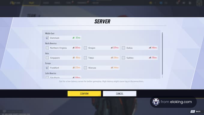 Game server selection screen with various options