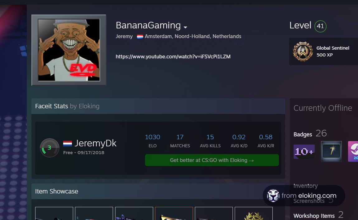 Jeremy's gaming profile under the alias BananaGaming from Amsterdam, showcasing stats and online presence