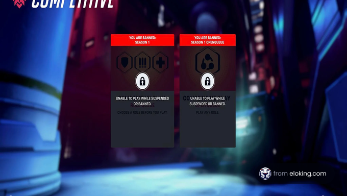 Banned account notification screens in a video game