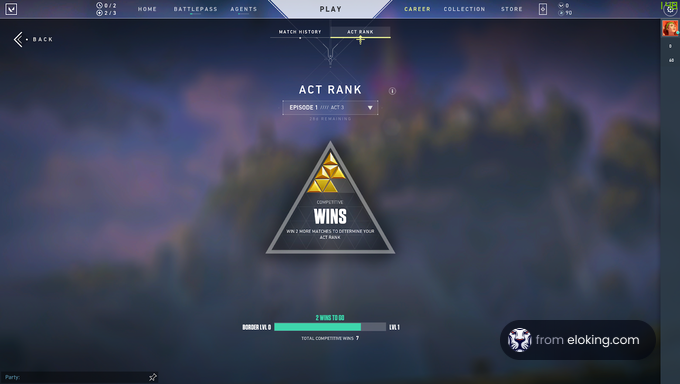Gaming interface displaying ACT Rank with wins in a competitive game mode