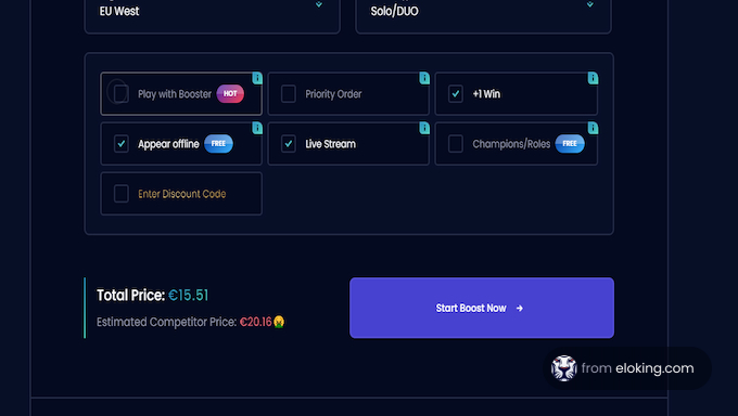 Screenshot of a gaming boost service interface showing options and pricing in EU West region