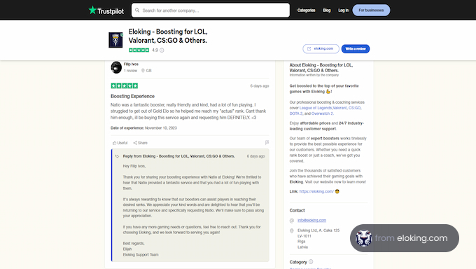 Screenshot of a gaming boosting service review on Trustpilot