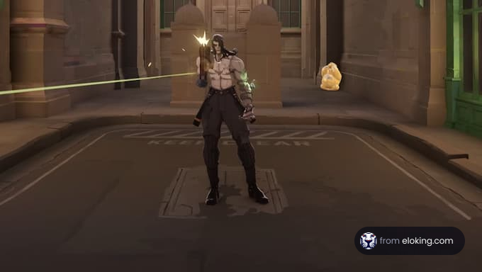 A gaming character in an action scene