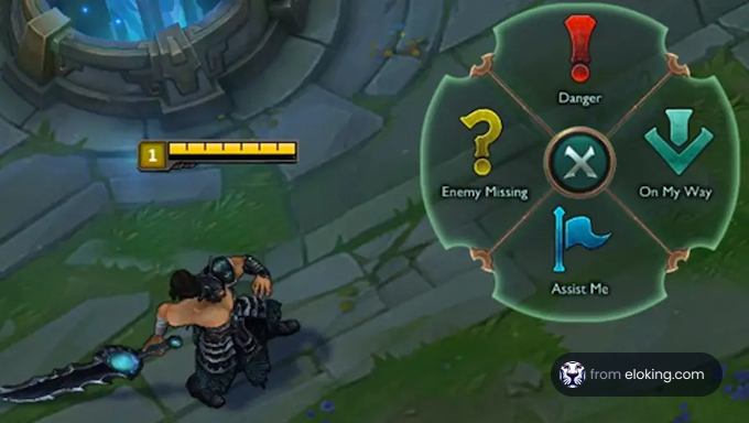 Gaming character next to a communication wheel in a popular MOBA game