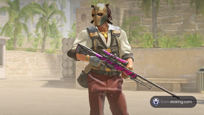 A gaming character holding a sniper rifle in a dynamic pose.