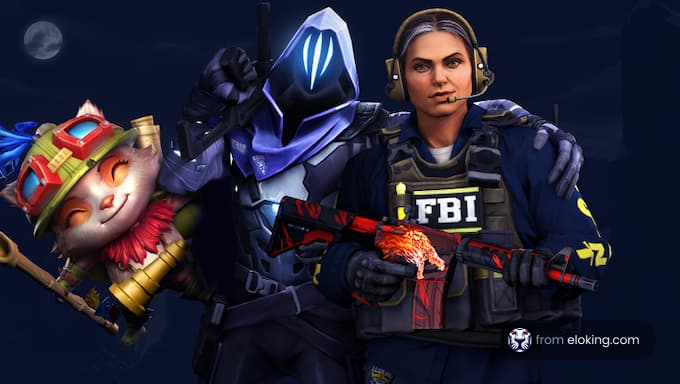 A fantasy creature and FBI agent posed together in a gaming scene.