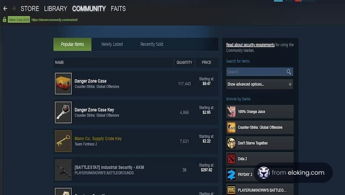 Screenshot of a gaming community market interface showing items for sale