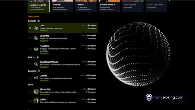 Digital gaming dashboard for various games with a futuristic 3D planet graphic on the right