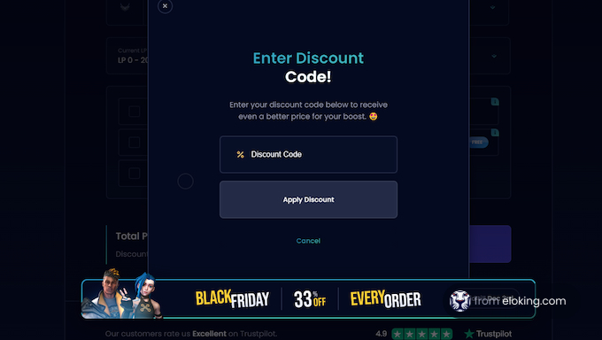 Screenshot of a discount code entry popup in gaming interface during a promotional event