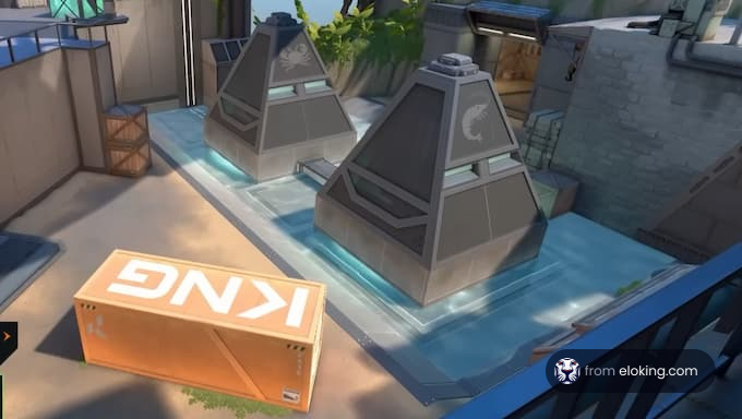 A gaming environment featuring pyramid structures and a crate.