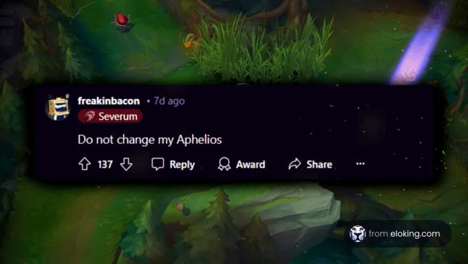 Screenshot of a gaming forum post discussing a character named Aphelios