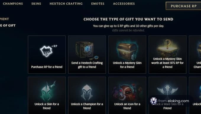 Interface of a gaming platform showing various gift options including skins and champion unlocks