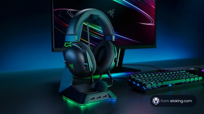 Gaming headset on a stand with keyboard and monitor with RGB lighting