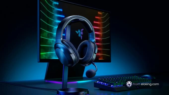 Gaming headset and keyboard illuminated by colorful lights