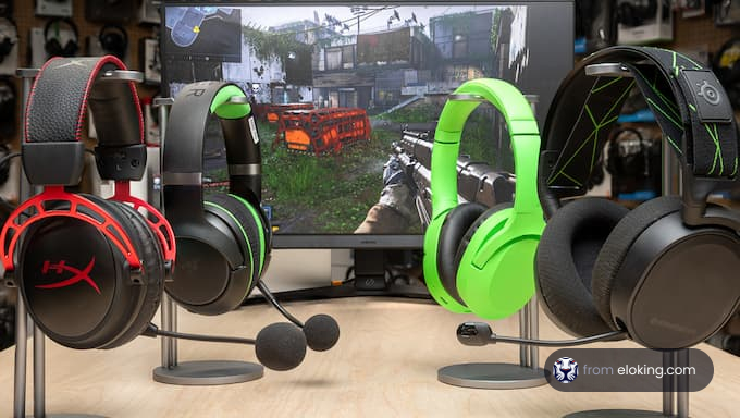 Various gaming headsets displayed in front of a monitor showing a video game