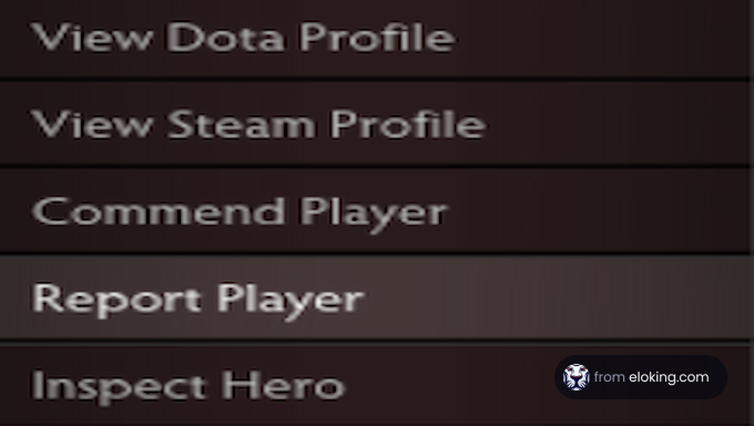 Options for Dota and Steam profiles including Commend, Report, and Inspect Hero features