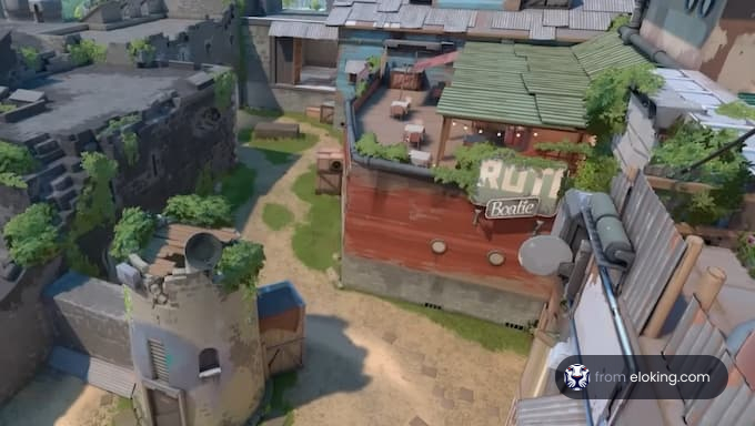 A vibrant gaming map overview featuring buildings and greenery.