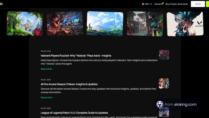 Screenshot of a gaming news website featuring articles and image thumbnails