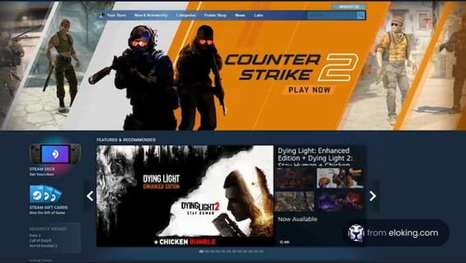Online game platform interface showcasing Counter Strike 2 and Dying Light 2 games
