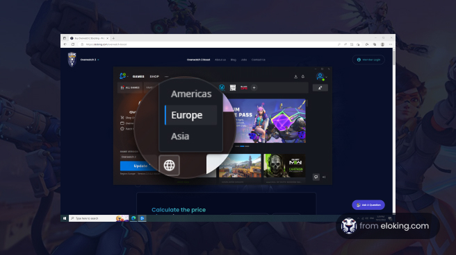 Screenshot of a gaming platform interface showing regional options for Americas, Europe, and Asia