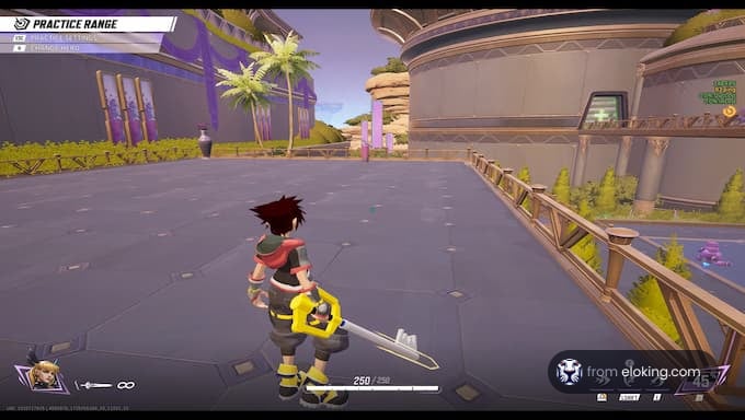 A character named Sora practicing in a vibrant gaming environment.