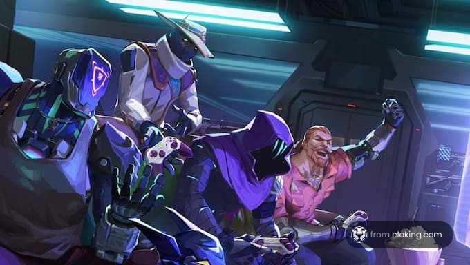 A group of gaming robots having fun while playing video games together.