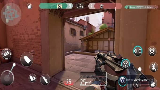 A player taking aim in a tactical gaming scenario.