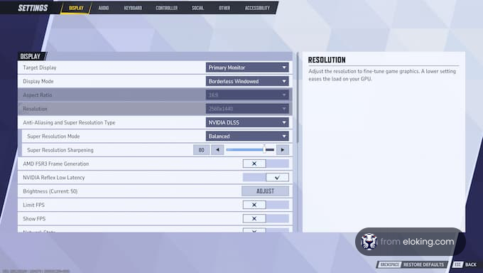 Display settings for gaming configuration
