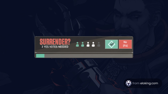 Dark-themed gaming surrender vote interface with a character in the background