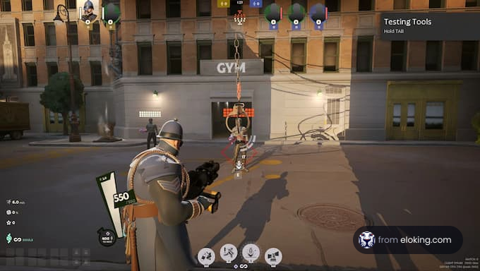 A character in a gaming scene at a gym testing tools.