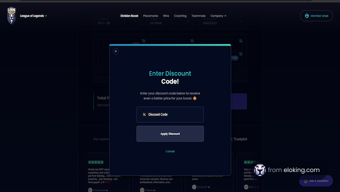 Discount code entry interface on a gaming website