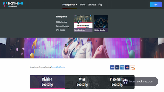Screenshot of BoostingBoss website highlighting gaming boosting services