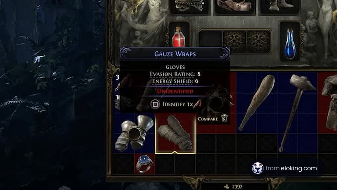 Gauze Wraps gloves with evasion and energy shield stats in a game inventory