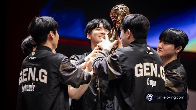 Celebration of GEN.G esports team winning a championship trophy.