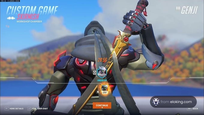 Overwatch game character Genji in action during a custom game