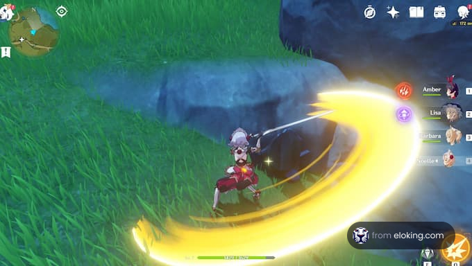 A character performing a combat action in a grassy environment in Genshin Impact.