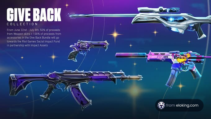 Give Back Collection from a game featuring various weapon skins floating in a blue space